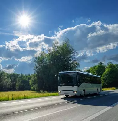 Ein Reisebus fährt im Sonnenschein über eine Landstraße